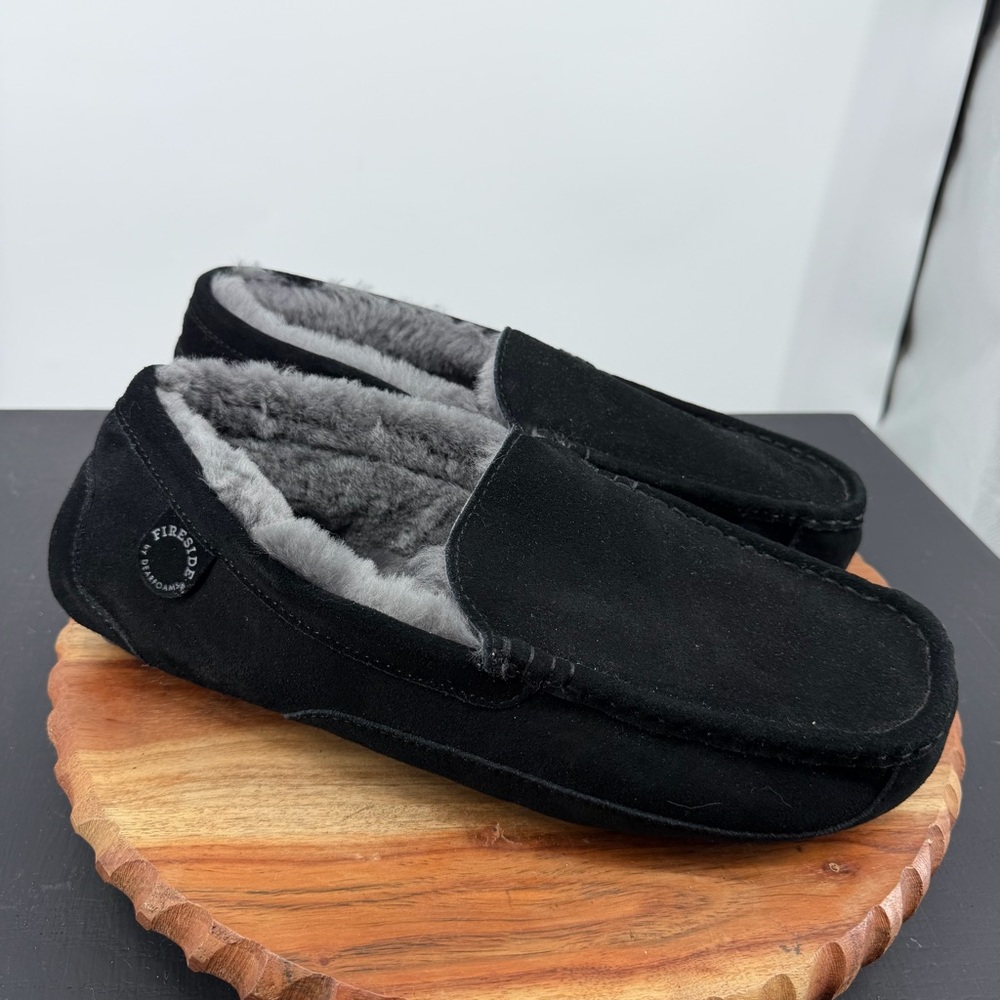 Fireside By Dearfoams Mens 13 wide Melbourne Shearling Moccasin Slippers Black